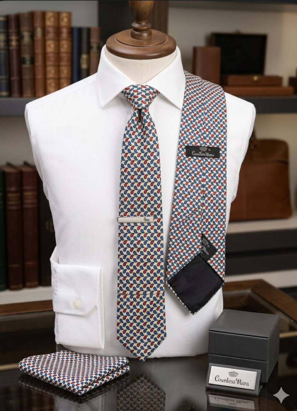 Wembley Vintage Silk Clip-On Tie Tan Geometric Pattern